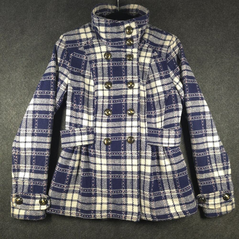 Pink Envelope Peacoat Femme Size Medium Blue White Pink Plaid Wool Blend